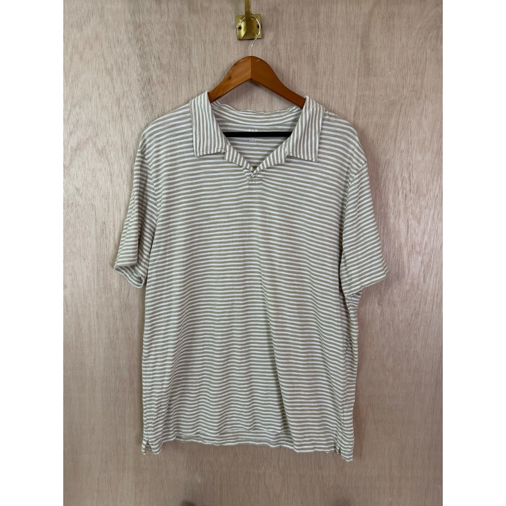 Gap Lived-in Mens XL Tan White Striped Short Sleeve Polo Shirt Casual V-Neck